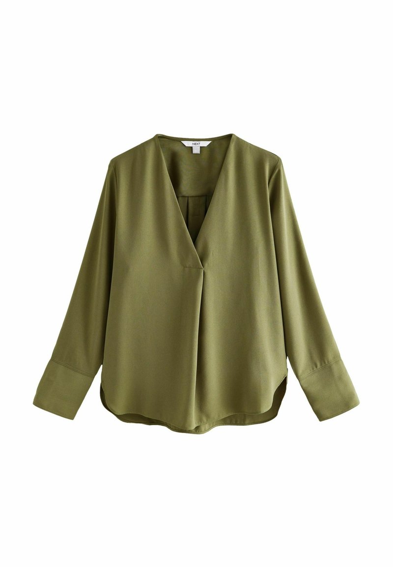 Blouse à manches longues vert olive avec un col en V, coupe ample et ourlet arrondi. Fabriquée en tissu lisse et léger. Design minimaliste.