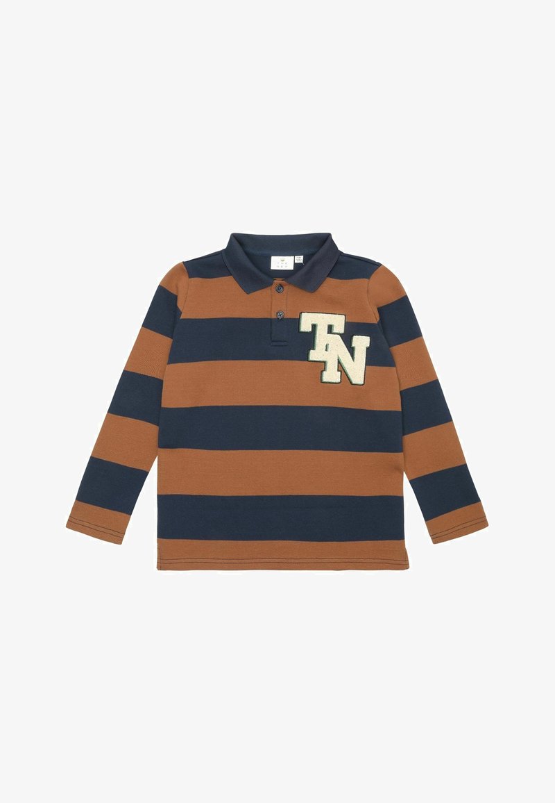 Hosszúujjas pólóing, navy és barna vízszintes csíkokkal, gallérral, és hímzett "TN" folt a mellkason. Pamut anyag.