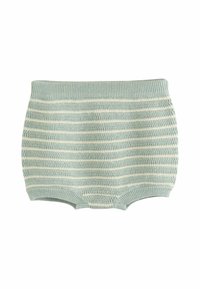 Svetlo modre pletene kratke hlače s kremnimi vodoravnimi črtami, z rebrastim pasom in teksturirano tkanino. Mehka in raztegljiva tkanina.