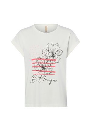Weißes kurzärmeliges T-Shirt mit schwarzen, umrandeten Blumen, rosa horizontalen Streifen, rosa Punkten und dem Schriftzug "Be Unique" in Kursivschrift auf der Vorderseite.