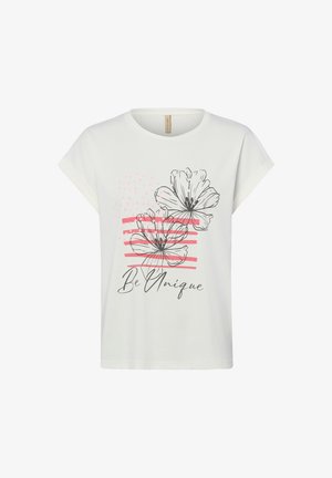 Weißes kurzärmeliges T-Shirt mit schwarzen, umrandeten Blumen, rosa horizontalen Streifen, rosa Punkten und dem Schriftzug "Be Unique" in Kursivschrift auf der Vorderseite.
