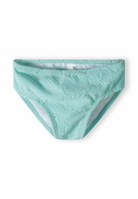 Parte inferiore di bikini verde menta con motivo a foglie in rilievo, elastico in vita e fodera morbida. Realizzata in tessuto elasticizzato per il massimo comfort.