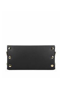 Borsa a mano in pelle nera rettangolare con il fondo dotato di sei borchie in metallo dorato disposte in due colonne verticali.