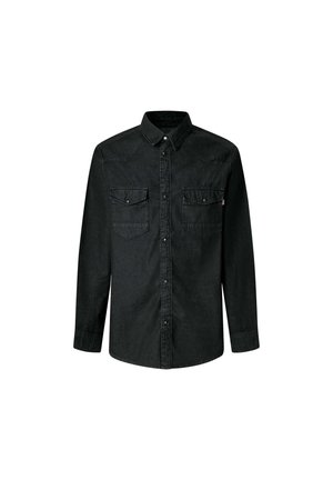 Zwarte denim overhemd met lange mouwen, een spitse kraag, twee borstzakken en westelijke yoke-details. Voorzien van knoopsluiting en manchetten.