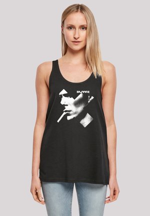 Black tank top made of cotton featuring a white graphic print of a side profile with a cigarette, and the text "Bowie" above the image.