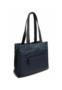 Bolsa de tela azul marino con acentos de cuero negro, bolsillo frontal con cremallera y dos asas resistentes. Superficie texturizada con detalles de costura.