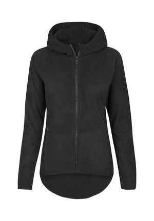 Černá fleecová bunda s kapucí na celopropínací zip, dlouhými rukávy, dvěma předními kapsami na zip a mírně zakřiveným spodním lemem vzadu.
