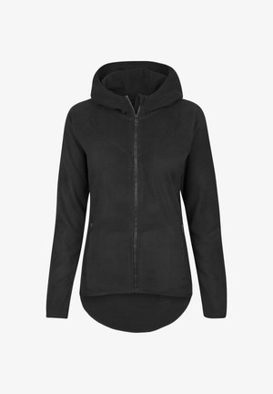 Sort fleecejakke med hætte og fuld lynlås, lange ærmer, to lynlås-lommer foran og en let buet kant bagpå.