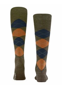 Calze a metà polpaccio in verde oliva con un motivo a rombi in blu navy e arancio ruggine. Realizzate in un materiale testurizzato e elasticizzato con punta rinforzata.