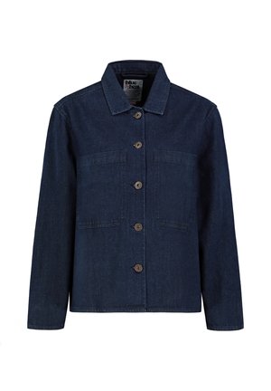 Dunkelblaue Jeansjacke mit langen Ärmeln, durchgehender Knopfleiste, spitzem Kragen und zwei aufgesetzten Brusttaschen.