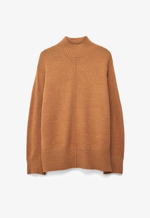 Soft brown knitted long-sleeve sweater with ribbed high neck, cuffs, and hem, featuring a central vertical seam detail.