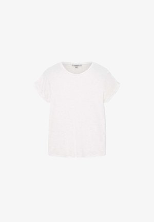 Camiseta blanca de manga corta con cuello redondo, hecha de una tela ligera con una sutil textura y un corte relajado.