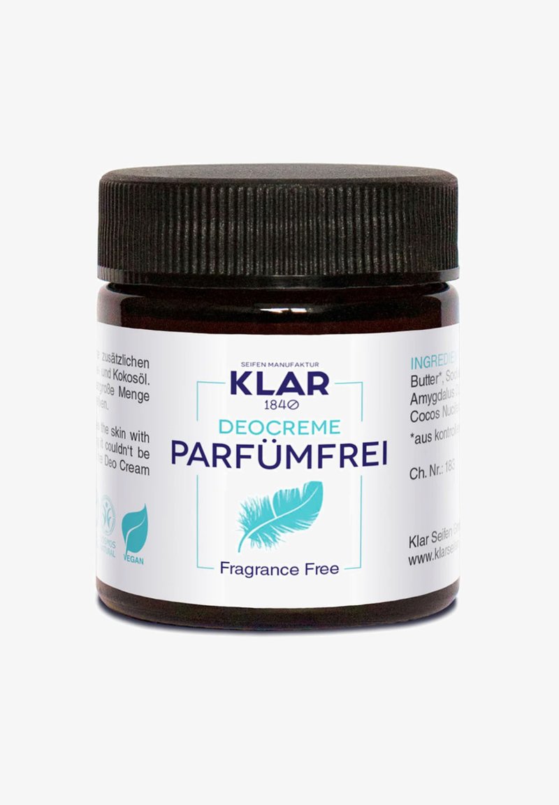 Black plastic jar with a textured lid. Label in blue and white text, stating "Klar Deo Creme Parfümfrei," highlighting it as fragrance-free.