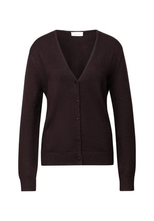 Donkerbruin gebreide cardigan met lange mouwen, V-hals en een sluiting met vijf knopen aan de voorkant, geribbelde manchetten en onderkant.