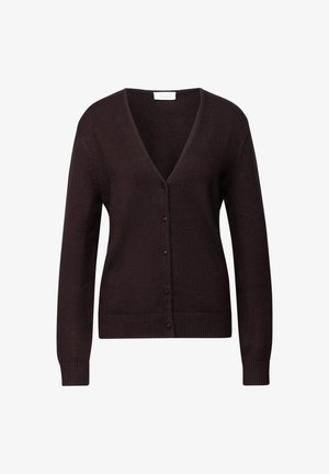 Donkerbruin gebreide cardigan met lange mouwen, V-hals en een sluiting met vijf knopen aan de voorkant, geribbelde manchetten en onderkant.