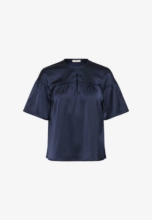 Marineblaue Satin-Kurzarmbluse mit rundem Ausschnitt, Schlitzdetail vorne und gerafftem Passe für eine lockere Passform.