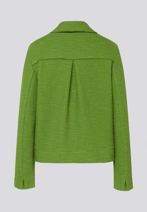 Grüne, strukturierte Jacke mit Kragen, Rückenfalte und maßgeschneiderten Ärmeln mit seitlichen Schlitzen. Glattes Gewebe mit einem strukturierten Design.