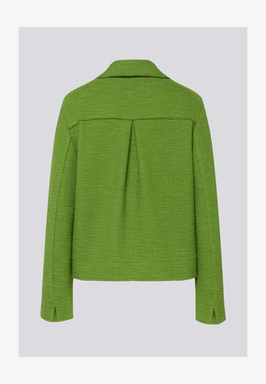 Green textured jacket, featuring a collar, back pleat, and tailored sleeves with side slits. Smooth fabric with a structured design.