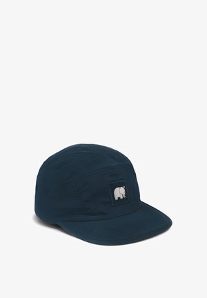 Marineblaue Cap aus leichtem Stoff mit einem quadratischen Patch, auf dem ein gesticktes Elefant-Logo zu sehen ist. Weiches, flaches Schirmdesign.
