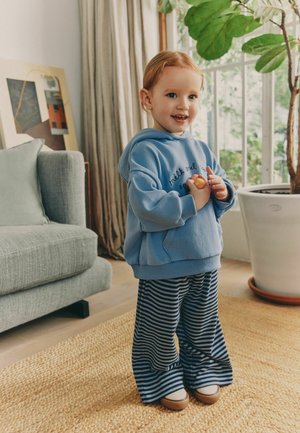 Young child in blue hoodie and striped pants holding a small ball, standing on a woven rug in a living room near a sofa and large plant.
