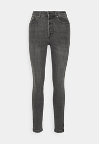 Jeans de denim negros de cintura alta y corte slim, con cuatro botones frontales visibles y bolsillos frontales y traseros estándar.