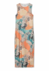 Ärmlös midiklänning i lätt tyg med ett flytande abstrakt mönster i orange, teal, grå och beige nyanser. Rund halsdesign.