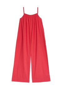 Giubbotto rosso in cotone con spalline sottili, corpino smock e design a gamba larga. Tessuto leggero e traspirante con una superficie liscia.