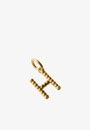 Colgante de oro con forma de letra "H" con cuentas y un lazo para sujetar a un collar o pulsera, sobre fondo blanco.