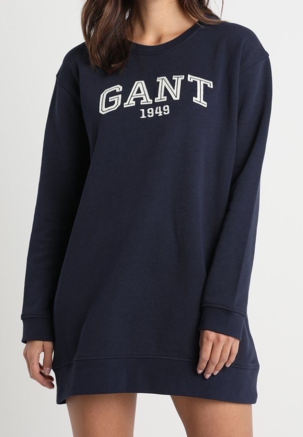 Robe sweat bleu marine en coton, dotée d'un col rond, de manches longues et du logo "GANT 1949" en blanc sur la poitrine.