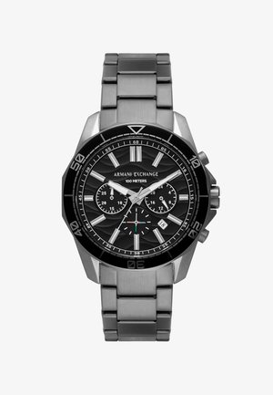 Zegarek na rękę Armani Exchange ze stali nierdzewnej z czarną tarczą, trzema subtarczami, okienkiem daty i obrotowym pierścieniem wskazującym czas 10:09:36.