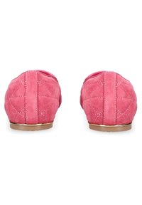 Pink suede flats with a quilted design, round toe, and gold-tone accents on the sole. Soft texture and low profile.