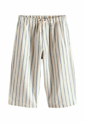Gestreifte hellbeige und blaue Hose mit elastischem Bund, Kordelzug, weitem Schnitt und weichem, strukturiertem Stoff.