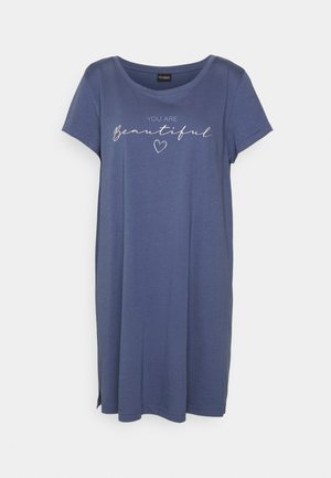 Kurzärmlige blaue Tunika mit Rundhalsausschnitt, die mit dem weißen Schriftzug "DU BIST schön" und einem Herzsymbol verziert ist. Weicher Stoff, lockere Passform.