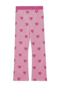 Rosa Leggings mit glitzerndem Bund, ausgestattet mit einem ganzflächigen Herzmuster in einem dunkleren Rosaton. Hergestellt aus weichem, elastischem Material.