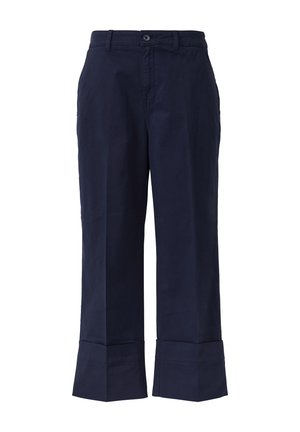 Navy blue cotton trousers with a straight cut, featuring a button fly, side pockets, and a wide cuff at the hem.