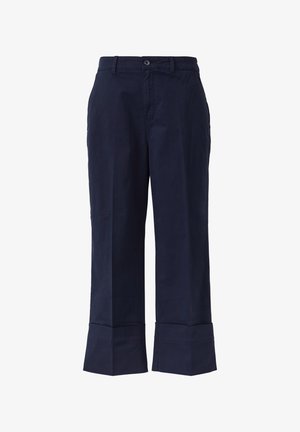 Navyblaue Baumwollhose mit geradem Schnitt, Knopfleiste, Seitentaschen und einem breiten Saum.