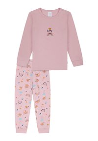 Helles rosa Langarmoberteil mit "happy"-Schriftzug und Regenbogenmotiven; die passenden Hosen weisen bunte Muster von Regenbögen, Sonnen und Wolken auf.