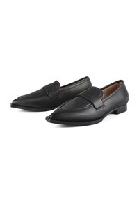 Black leather loafers with a pointed toe shape, featuring a front strap and low block heel, smooth texture, and minimalistic design.