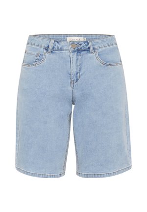 Light blue denim shorts with a straight cut, five pockets, and a looped waistband. Features a button closure and minimal stitching accents.