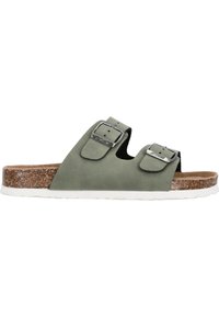 Grüne Wildledersandalen mit zwei verstellbaren Schnallen, Korkfußbett, weißer Gummisohle und flachem Design.