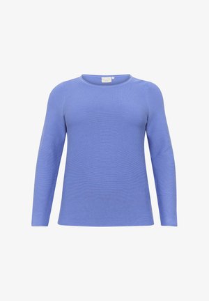 Dug bpuljasti plavi pulover s dugim rukavima, rebrastog uzorka, sa okruglim izrezom i ravnim rubom. Napravljen od mekanog materijala, dizajniran za opuštenu siluetu.