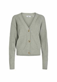 Ljusgrön räfflad cardigan med V-ringning, långa ärmar och knappstängning med trädetaljer. Mjuk textur och kort design.