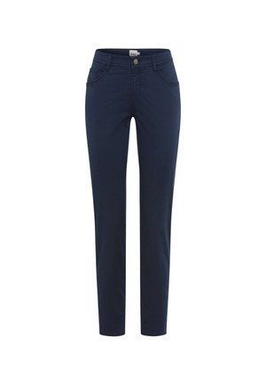 Marineblaue, schlank geschnittene Hose mit Fronttaschen, Gürtelschlaufen und Knopfverschluss, frontseitig auf weißem Hintergrund präsentiert.