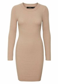 Ribbade stickade långärmade klänning i ljusbeige, figurnära passform, rundad halsringning, längd till mitten av låret. Slät textur med subtil stretch.