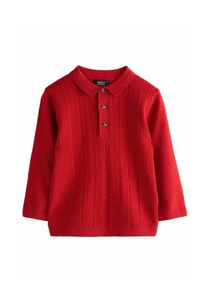Rotes gestricktes Poloshirt mit langen Ärmeln, einem Kragen und einer Knopfleiste mit drei braunen Knöpfen. Verfügt über ein strukturiertes Zopfstrickmuster.