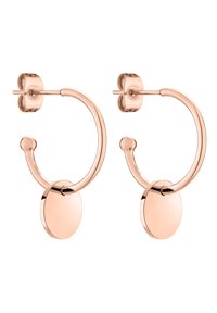 Ohrringe aus Roségold mit einem kreisförmigen Design, das eine glatte, reflektierende Oberfläche und eine kleine Perlenakzentuierung an den Ohrringen aufweist.