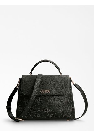 Zwarte gestructureerde leren Guess-handtas met handvat bovenaan en verstelbare schouderriem, met geperst patroon en gouden logo op de voorflap.