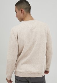 Beige sweatshirt i et blødt, tekstureret stof. Har en rund halsudskæring, ribbede manchetter og kant. Set bagfra, med et diskret logo mærke nederst.