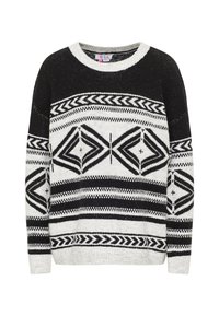 Svart-vit mönstrad tröja med rund halsringning. Har geometriska mönster över bröstet och ärmarna, tillverkad av mjukt stickat material.