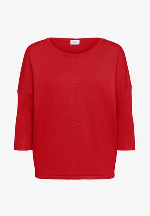 Maglione rosso a maniche lunghe in maglia, con collo tondo e polsini a coste, esposto su uno sfondo bianco uniforme.